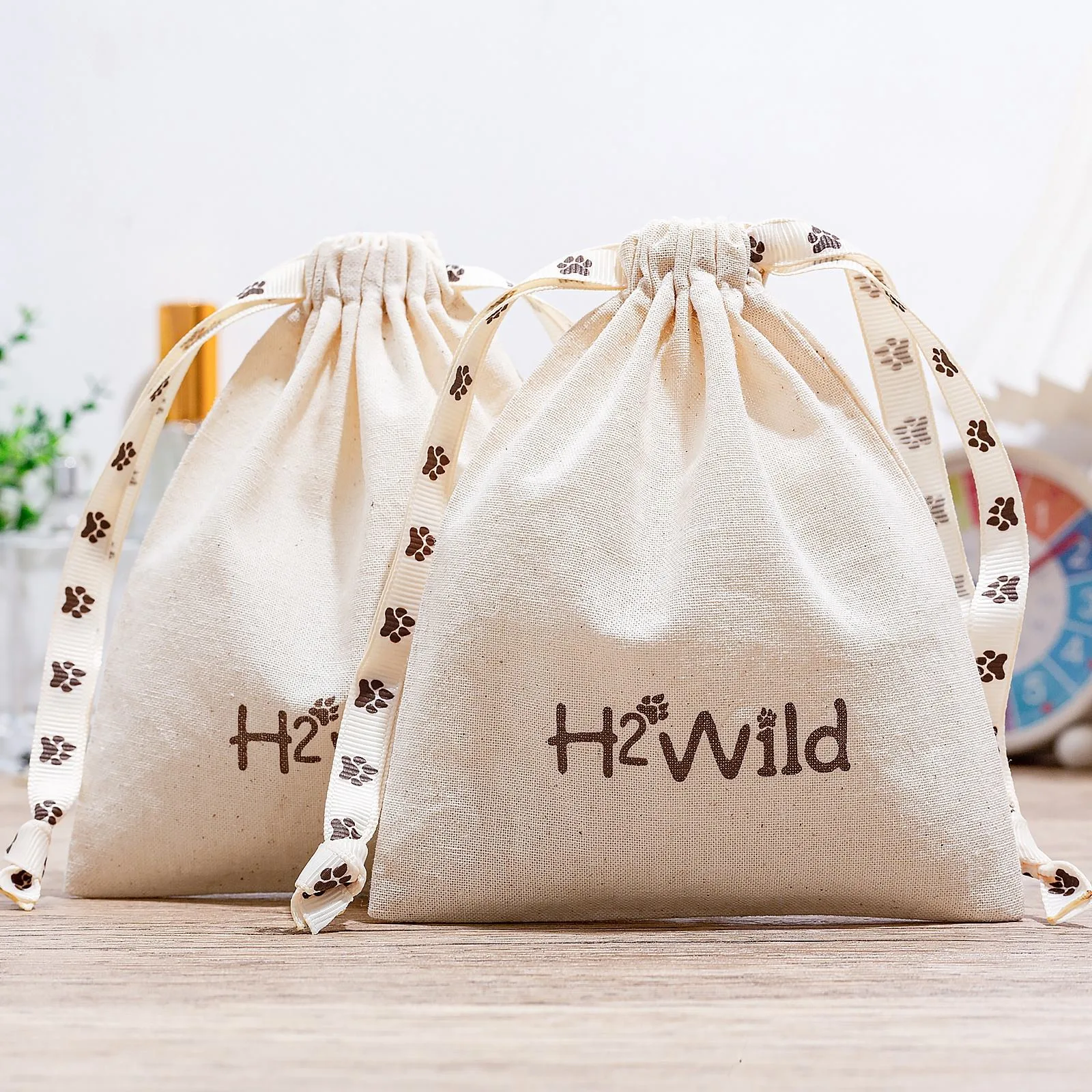 Beige Cotton Drawstring Pouch