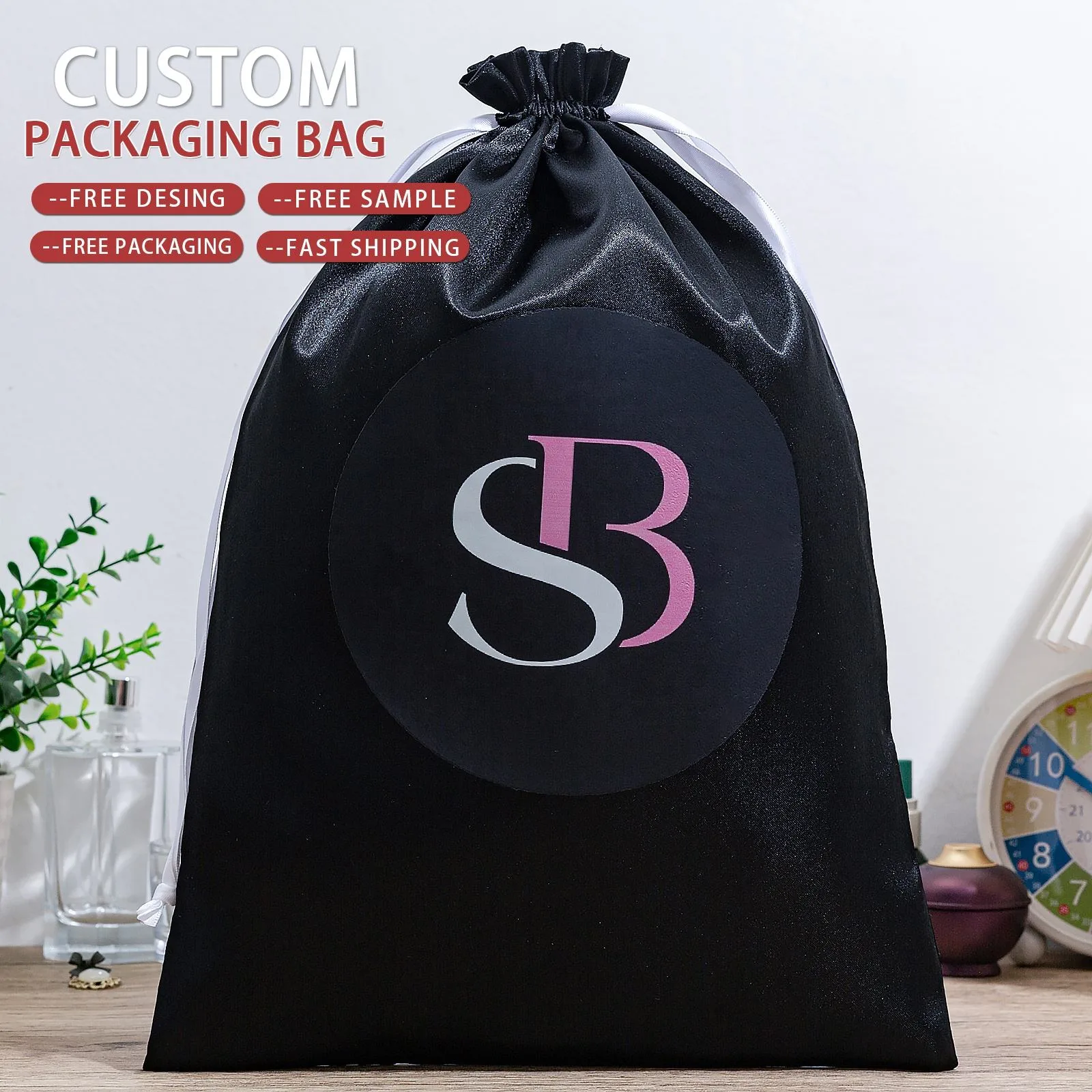 Black Satin Drawstring Pouch