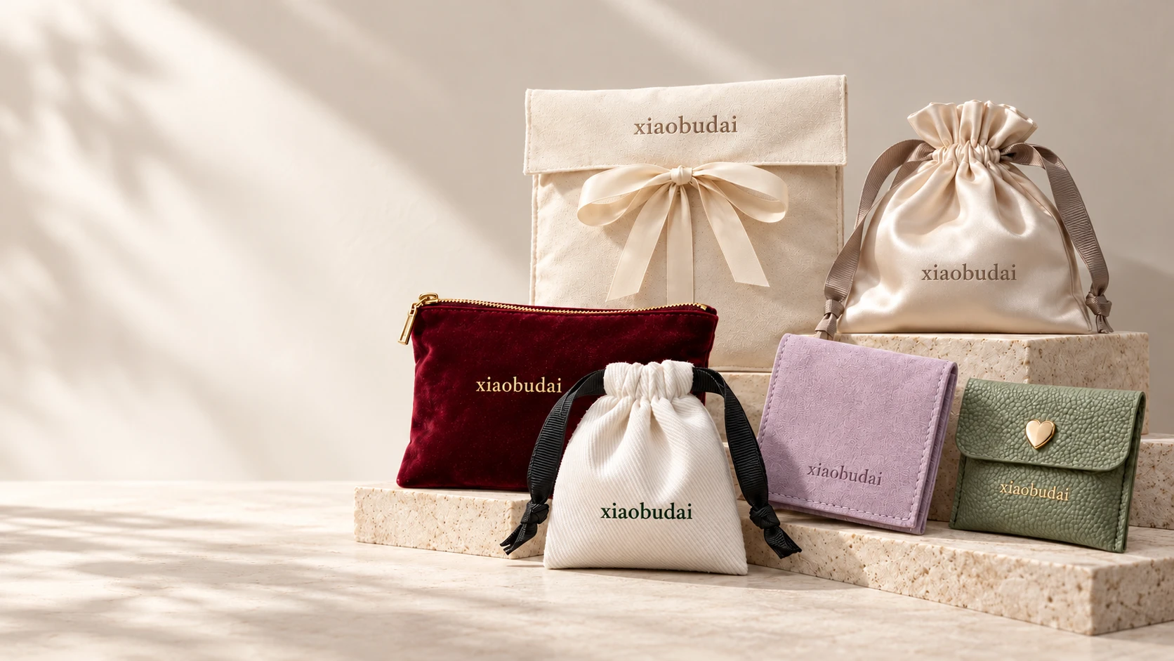 Six representative Xiaobudai packaging styles in a branded collection still life